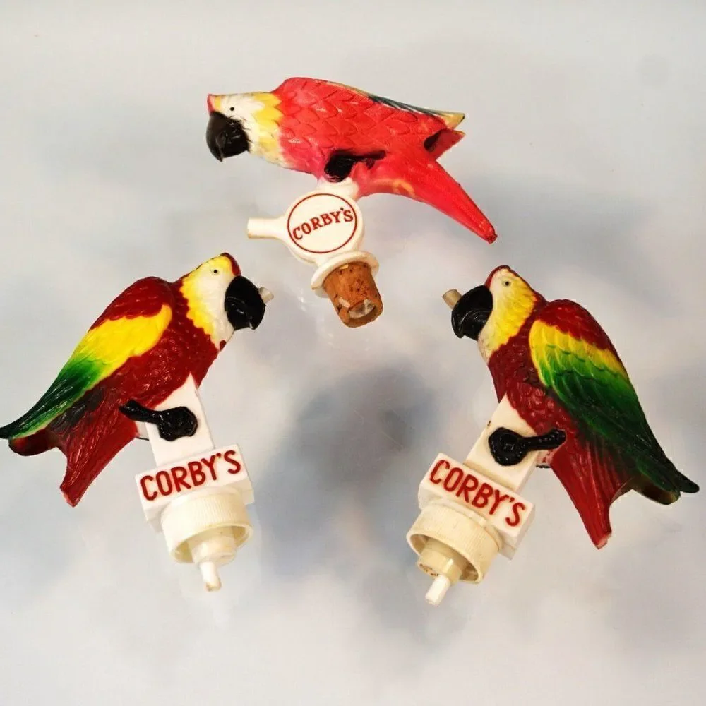 Vintage 1950s Corbys Whiskey 3 Parrot Pourers NOT WORKING Original Box w Manual